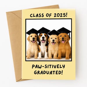 Opvouwbare A4-afstudeerkaart – schattig hondenontwerp | Klasse van 2025 | Afdrukbare puppywenskaart