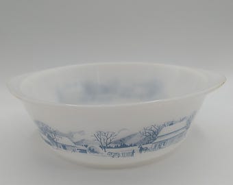 Glasbake Currier & Ives Blue Milk Glass Round Casserole Dish J-514 2 QT USA