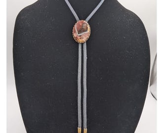Vintage Western Bolo Tie Gold Tone Oval Jasper Agate Stone Black Braided Cord
