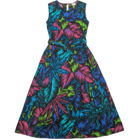 Caliche Collection Tropical Leaf Print Sleeveless Belted Maxi Dress Pockets L