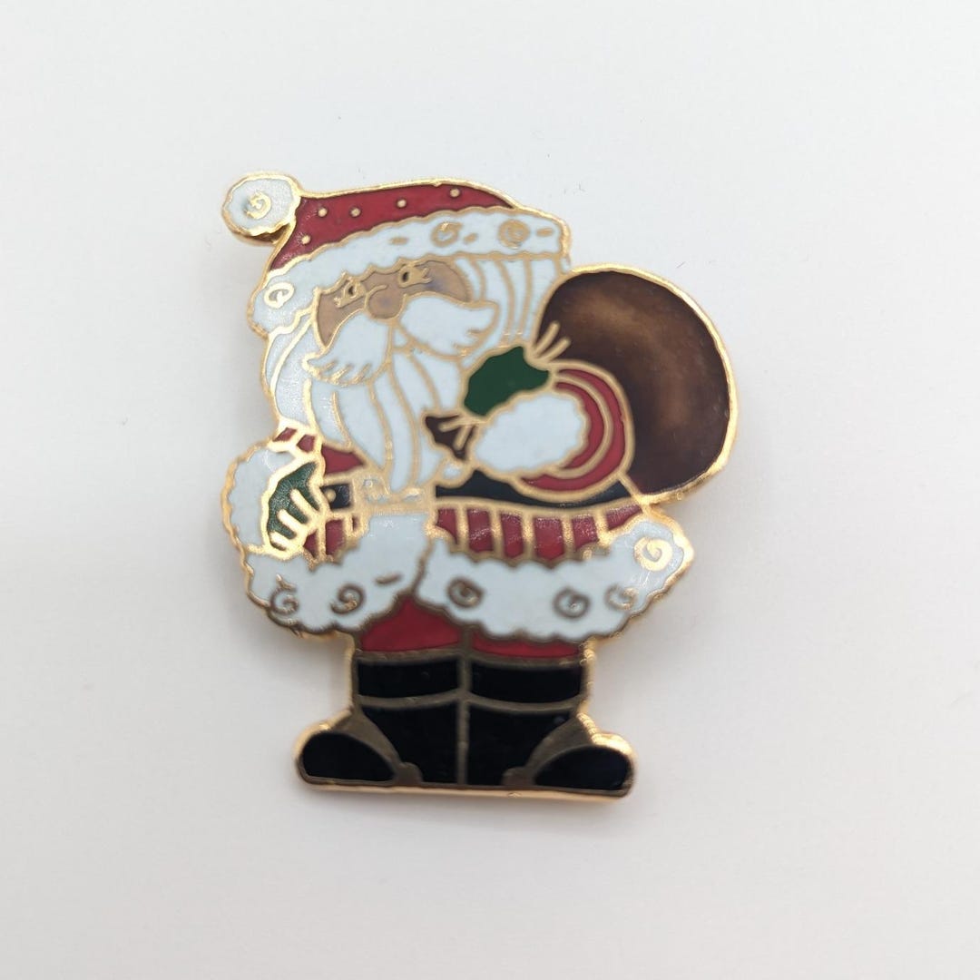 Vintage Santa Claus Enamel Pin Christmas Holiday Gift Bag Gold Tone ...