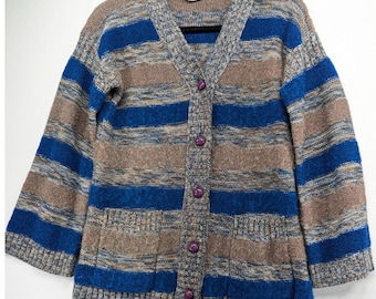 Vintage Jantzen Striped Knit Cardigan Sweater Blue Brown V-Neck Mens Medium