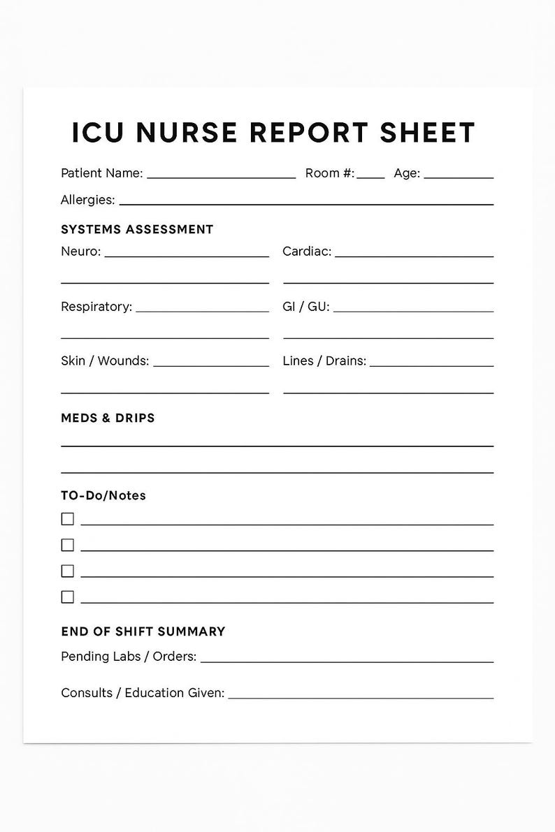 ICU Nurse Report Sheet Printable | Shift Report Template | Digital ...