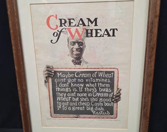 Stampa pubblicitaria del 1921 di Edward V. Brewer per Cream of Wheat Rastus, incorniciata in stile vintage.