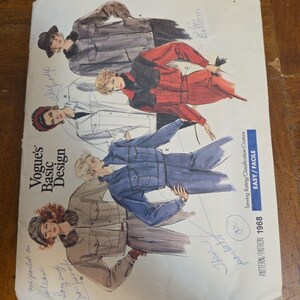 May include: A vintage Vogue Basic Design sewing pattern from 1968, showcasing illustrations of jacket designs. The cover presents drawings of women wearing jackets in shades of grey, red, white, and blue. The pattern is labelled "EASY / FACILE."