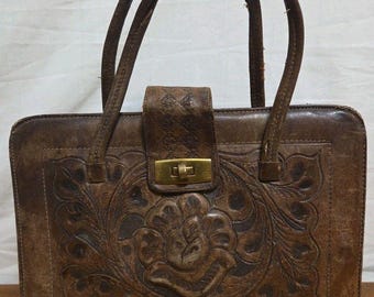 Mexikanische Punzierte Leder Geldbörse Handtasche Hand punzierte Geprägte Original 50'er Jahre VTG