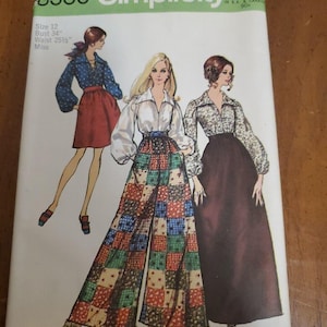 Patrón de costura Simplicity #8550 de los años 60: falda, pantalones harem y blusa. Talla 12. Busto 34.