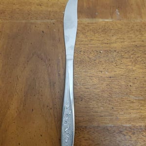 May include: A stainless steel butter knife with a curved blade and a floral pattern on the handle. The knife is placed on a wooden surface, highlighting its elegant design and use for spreading butter or other spreads.