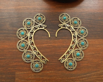Turquoise Brass Ear Cuff Earrings, Tribal Clip-On, Non Pierced
