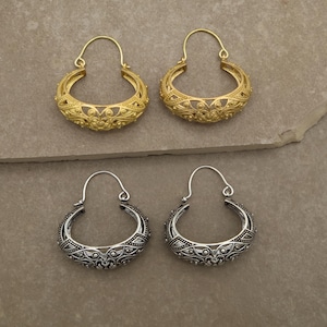Boho Crescent Hoop Earrings | Tribal Embossed Brass & Silver Dangles | Lightweight Ethnic Jewelry | Festival Bohemian Statement Hoops.