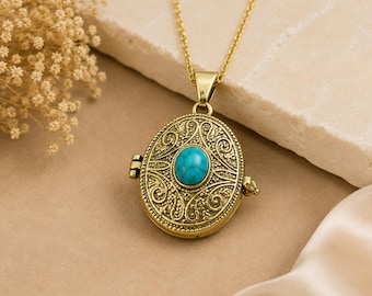 Brass Turquoise Poison Locket Necklace, Boho Keepsake Pendant