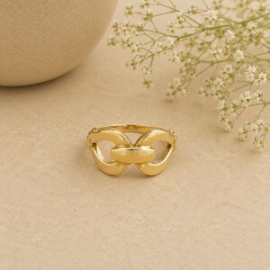 May include: A gold-colored ring with a unique linked design. The ring features two curved, open shapes connected by a central, rectangular bar. The ring is set against a neutral background with white flowers and a beige vase.