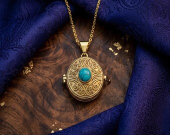 Handmade Brass Locket Necklace | Turquoise Gemstone, Boho Poison Box Pendant