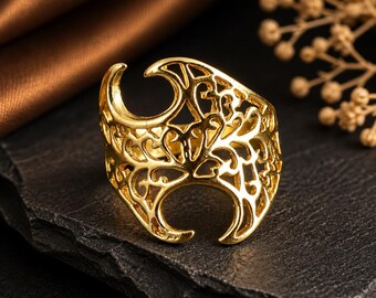 Boho Brass Crescent Moon Ring – Adjustable Filigree Openwork Jewelry