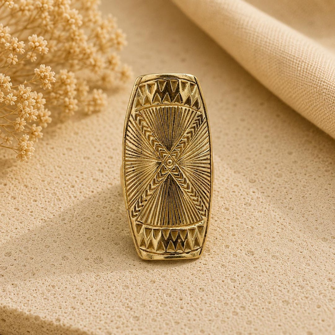 Gold Geometric Ring, Vintage Pattern Design, Statement Jewelry ...