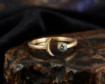 Celestial Moon Ring with Blue Topaz | Adjustable Brass Boho Jewelry