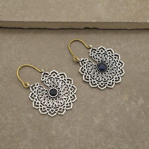 Black Stone Mandala Earrings | Tribal Hoop Earrings for Women | Ethnic Boho Festival Jewelry | Handmade Brass & Silver Dangle Drops.