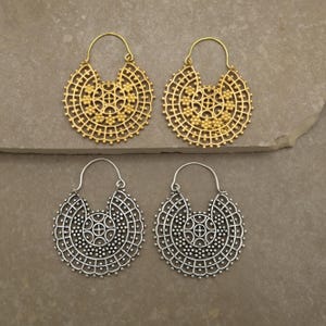 Boho Tribal Hoop Earrings | Brass & Silver Ethnic Grid Dangle Hoops | Filigree Mandala Festival Jewelry | Handmade Statement Earrings.