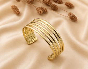 Wide Ribbed Brass Cuff Bracelet | Handmade Boho Jewelry