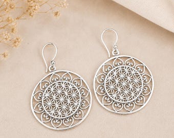 Handcrafted Brass Filigree Dangle Earrings, Tribal Boho Round Statement Jewelry