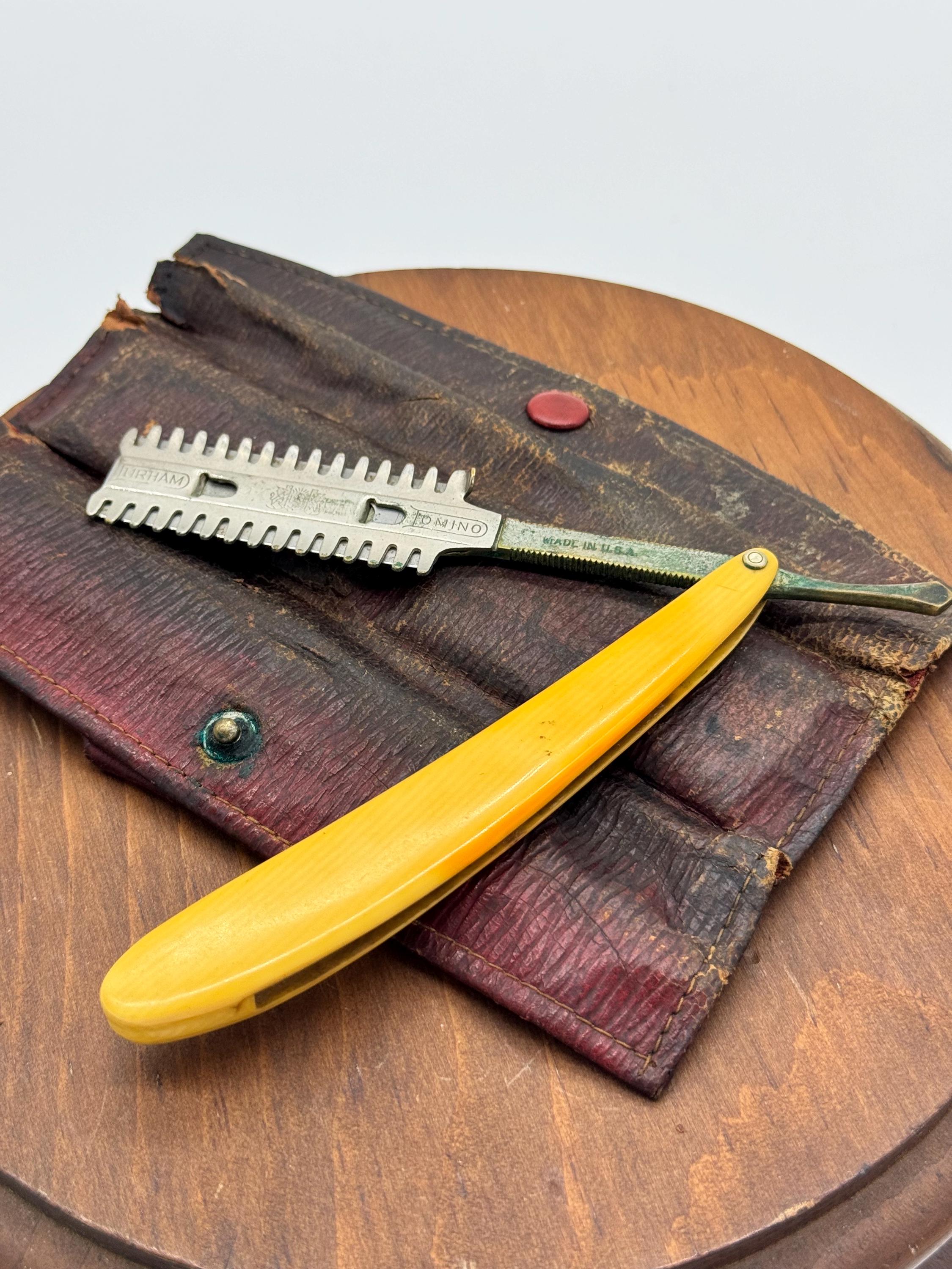 Early 1900s Vintage Durham Domino Straight Razor Original Leather Case