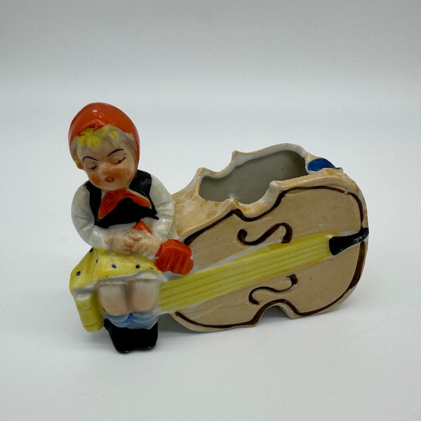 Vintage 1940s 1950s Little Girl and Cello Novelty Ashtray Tchotchke Bud Vase