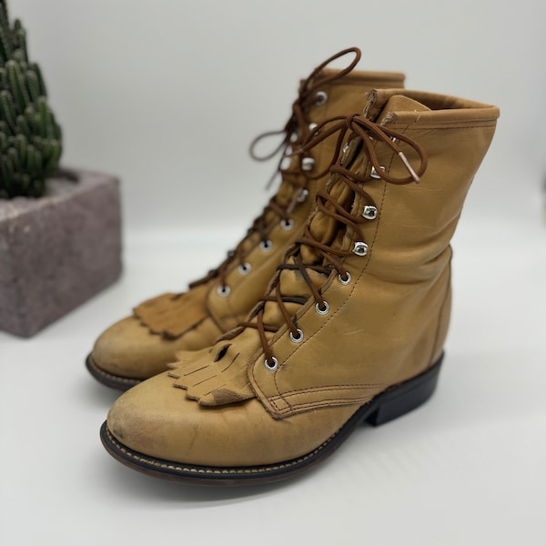 Sz 5 Vintage 1970s 1980s Laredo Kiltie Roper Tan Brown Leather Lace Up Women’s Western Boots