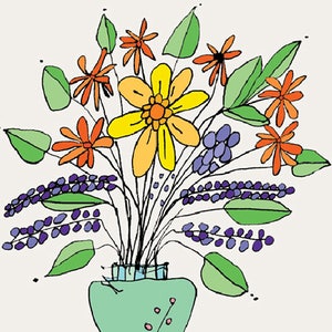 May include: A bouquet of colorful flowers in a green vase. The flowers are yellow, orange, and red. The vase has a light blue and green pattern.