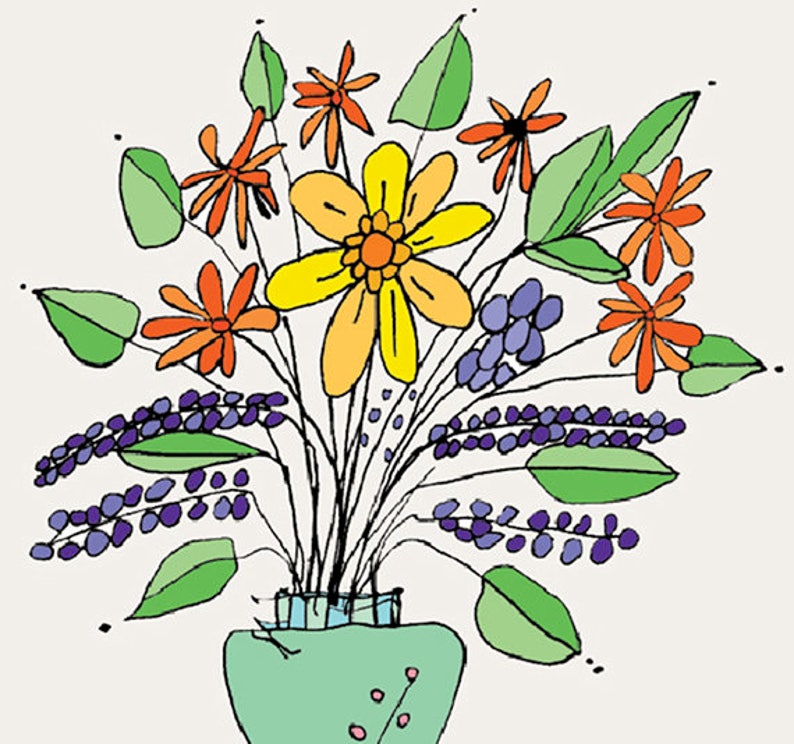 May include: A bouquet of colorful flowers in a green vase. The flowers are yellow, orange, and red. The vase has a light blue and green pattern.