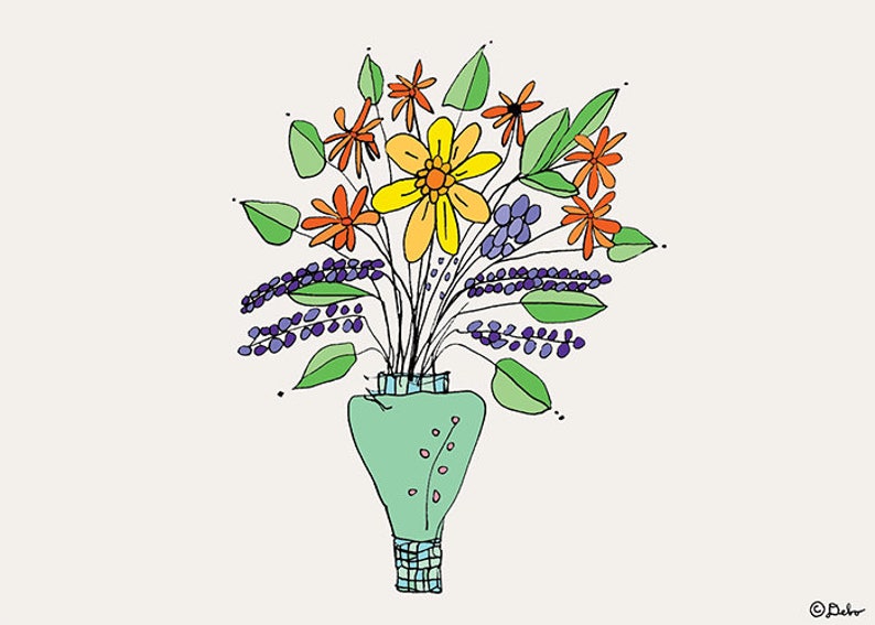 May include: A hand-drawn illustration of a bouquet of flowers in a green vase. The flowers are yellow, orange, and purple. The vase is decorated with a pattern of small dots.