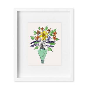 May include: A hand-drawn illustration of a bouquet of flowers in a green vase. The flowers are yellow, orange, purple, and green. The vase is decorated with a white and black pattern.