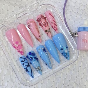 Gender Reveal Press On Nails: Pink & Blue Stiletto, Baby Shower False Nails