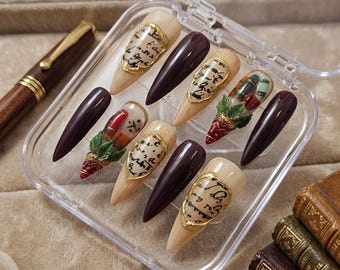 Handmade Gothic Press-On Nails | Book Vintage Script & Botanical Design | Witchy Dark Academia Nails