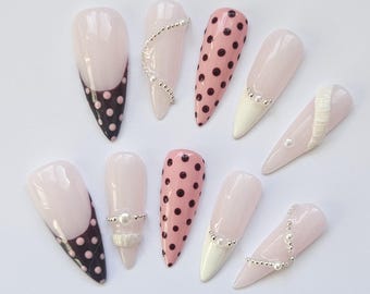 Pink Polka Dot Press On Nails | Almond French Tip, Pearls | Handmade Wedding Nails