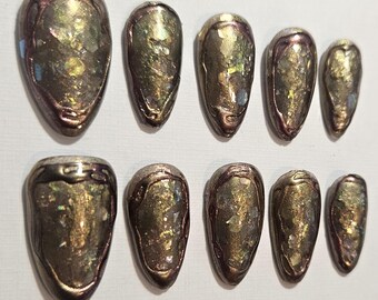 Erdige Bronze Chrom Drücken Sie auf die Nägel: Herbst Gold Flake 3D Nail Art