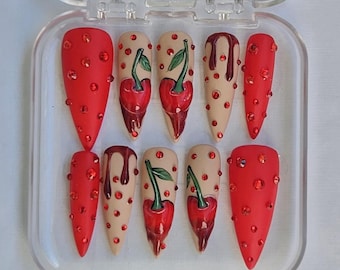 Cherry Press On Nails, Red Fake Nails,Summer Nails,Cherry Red Nails,Handmade Custom Nail Set