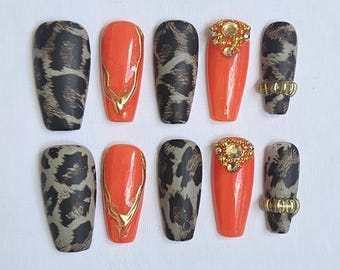 Halloween Leopard Print Press On Nails: Coffin Glam Nail Art