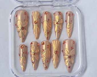 Press On Nails  with  Flower | 3D Nature Fake Nails in Long Almond | Handmade Summer Nail Art for Holiday, Vacation, Birthday