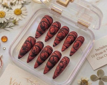 Black Red Press On Nails | Gothic Nails | Rose Nails | Dark Aesthetic Nails | Stiletto Nails | Vampire Nails | Edgy Nails | Handmade Nails