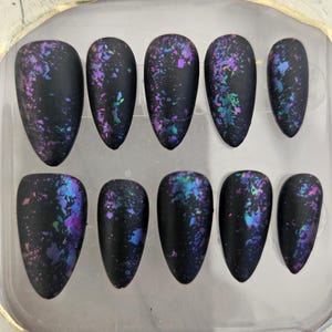 Galaxy Press On Nails – Black Matte with Neon Splatter | Cosmic Fake Nails | Reusable Handmade Nail Set, Trendy Abstract nails