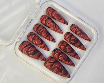 Black Red Press On Nails | Gothic Nails | Rose Nails | Dark Aesthetic Nails | Stiletto Nails | Vampire Nails | Edgy Nails | Handmade Nails