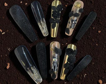 Black Cat Gothic Press On Nails, 3D Black Rose & Skeleton Hand Fake Nails, Dark Cottagecore Halloween Nails, Gold Chrome Goth Glue On Nails
