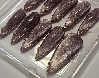 Purple Cat Eye Press On Nails – Handcrafted Stiletto / Coffin / Almond – Reusable Glam Nail Set,Gold Fake Nails