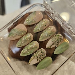Sage Green Botanical Press On Nails - Luxury Nature Inspired False Nails with Gold Accents