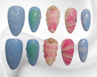 Uñas postizas de sirena: diseño floral 3D con diseño playero azul y rosa