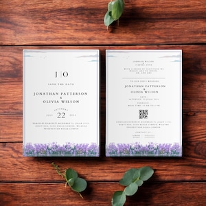 Elegante bloemen 5 x 7 bruiloft uitnodigingssjabloon, pastel lavendel digitale uitnodiging, aanpasbare minimalistische aankondigingskaart