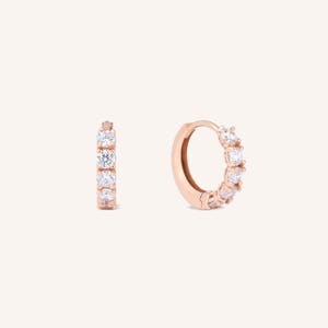 14K 18K Solid Gold 5 Stone Hoop Earrings - Cubic Zirconia Huggies