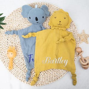 Personalisierte Tier Lovey, Bio-Baby Lovey, Babypartygeschenk, individuell gestickte Babytröster, kleine Schmusetuch