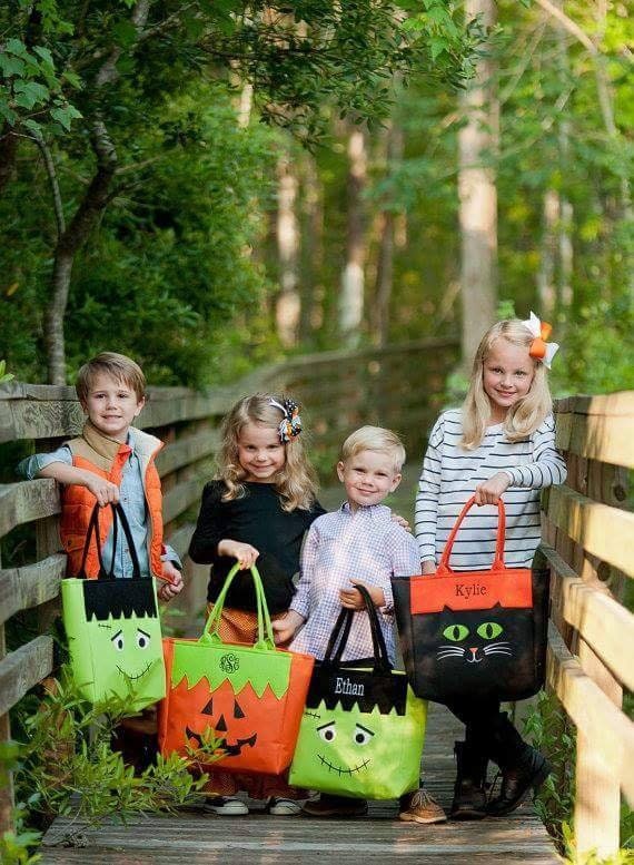 These super cute Halloween Totes are perfect for your little ones. You can choose from a name or three letter monogram no your tote.  pumpkin cat frankenstein monster