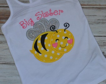 Big Sister Bee Tank, Girls Shirt, Girls Tank, Girls Embroidered Shirt, Bee Shirt